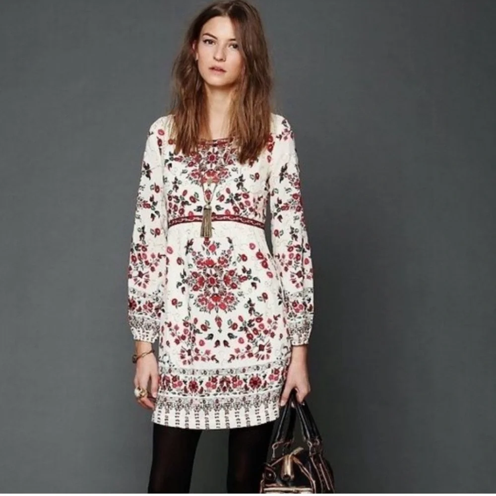 Free People Red Floral Embroidered Long Sleeve Dress - Size 8 - Picture 2 of 11